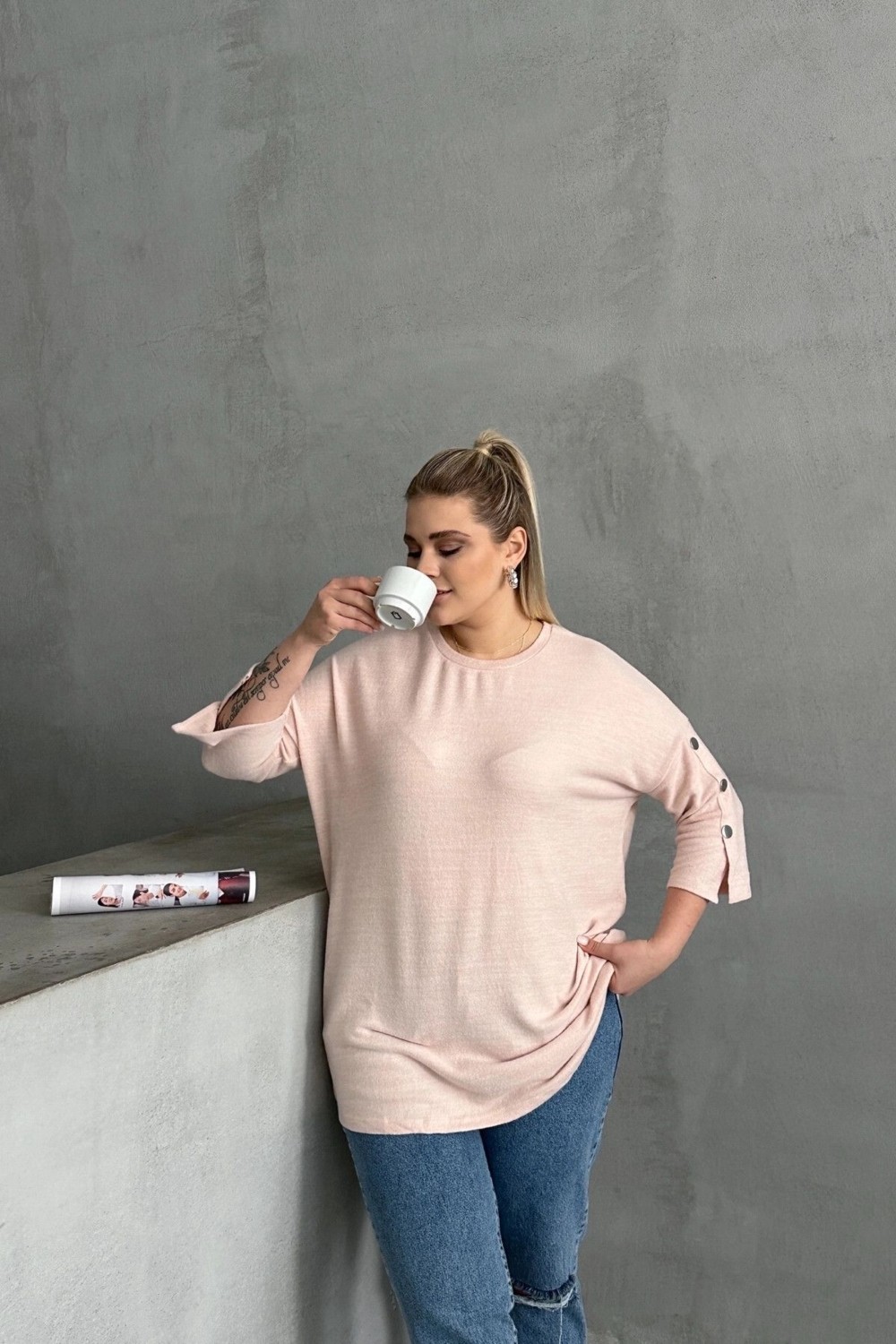 Stil Diva Büyük Beden Kadın Yarım Kollu Düğme Detaylı Bisiklet Yaka Bej Kazak 303072 Günlük Kullanım İçin görsel 5