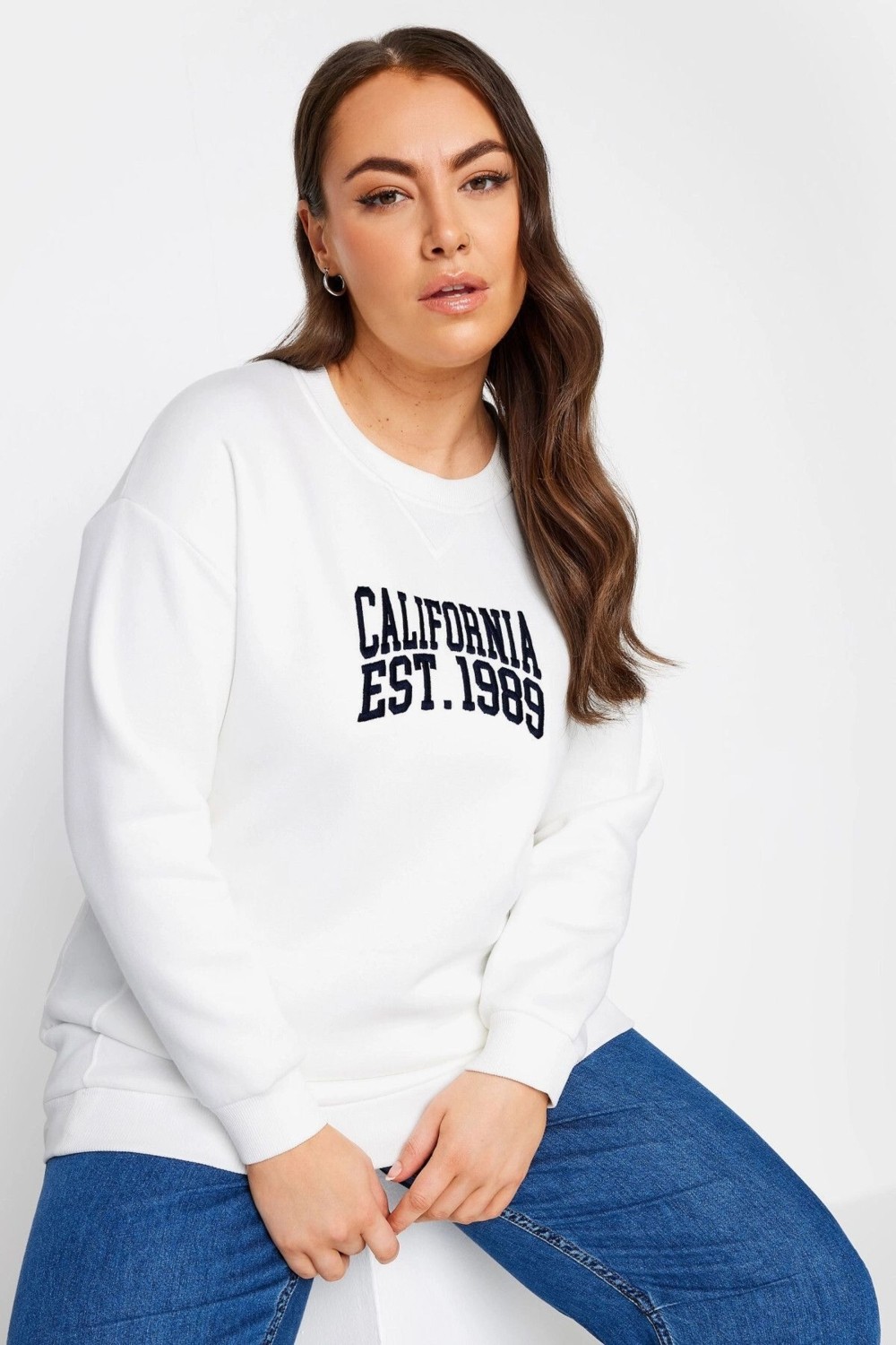 Stil Diva Büyük Beden Bisiklet Yaka Işleme Baskılı Uzun Kollu Sweatshirt 302918