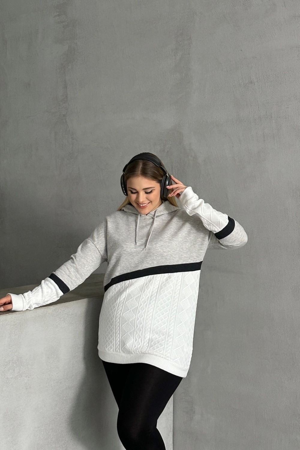 Stil Diva Büyük Beden Kapüşonlu Uzun Kollu Iki Parça Görünümlü Cepsiz Sweatshirt 300264 görsel 5