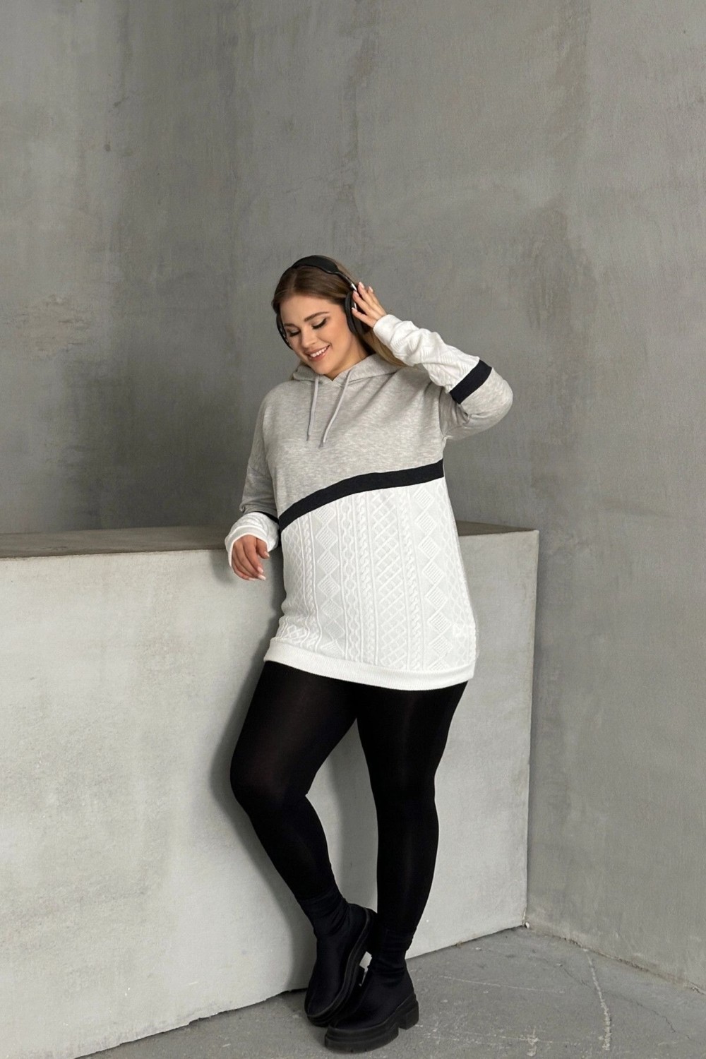 Stil Diva Büyük Beden Kapüşonlu Uzun Kollu Iki Parça Görünümlü Cepsiz Sweatshirt 300264 görsel 6