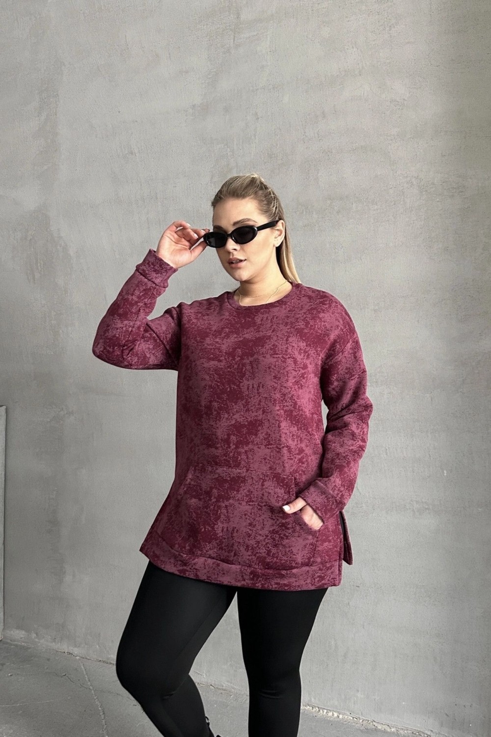 Stil Diva Büyük Beden Uzun Kollu Bisiklet Yaka Önü Cepli Desenli Sweatshirt 106-78