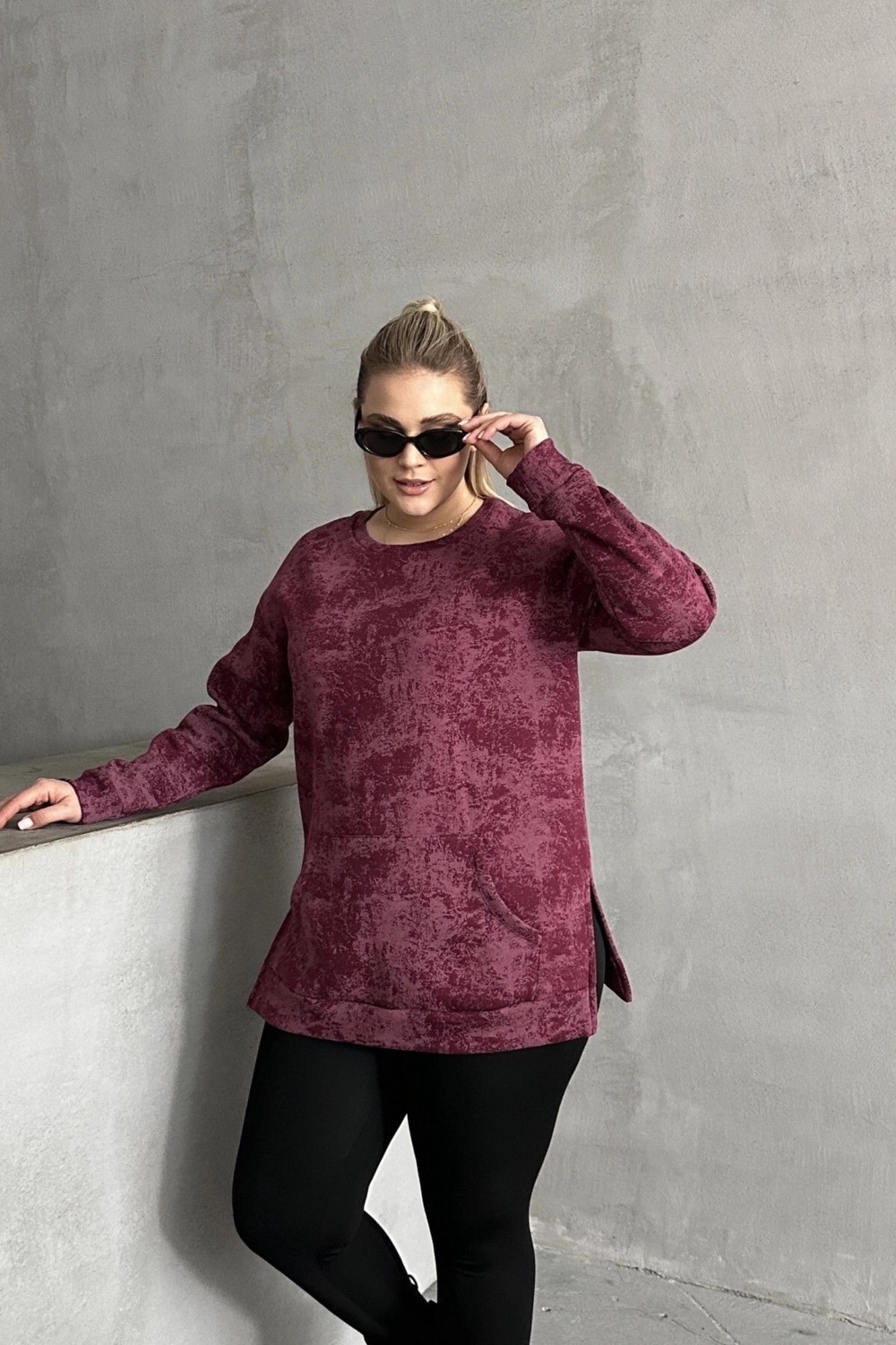 Stil Diva Büyük Beden Uzun Kollu Bisiklet Yaka Önü Cepli Desenli Sweatshirt 106-78 görsel 2