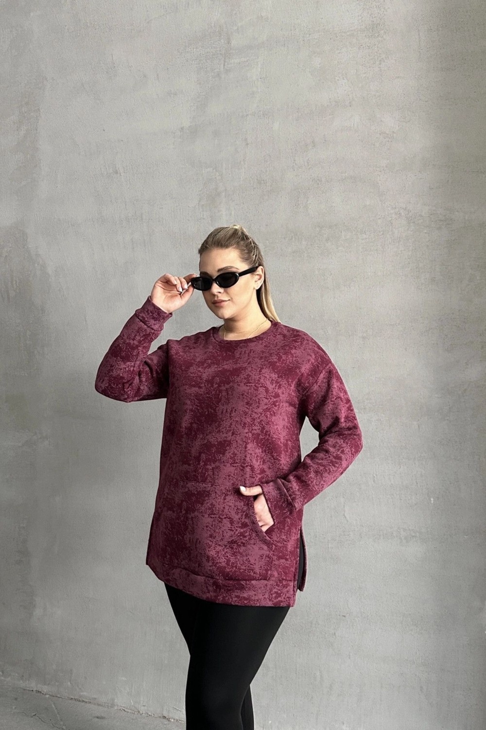 Stil Diva Büyük Beden Uzun Kollu Bisiklet Yaka Önü Cepli Desenli Sweatshirt 106-78 görsel 4