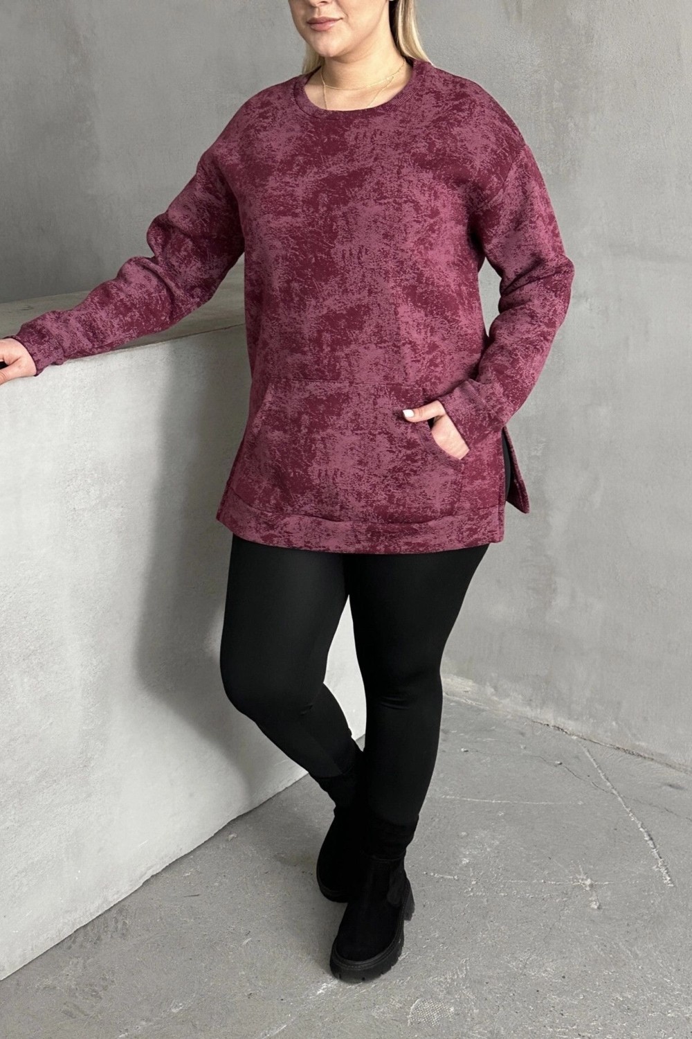 Stil Diva Büyük Beden Uzun Kollu Bisiklet Yaka Önü Cepli Desenli Sweatshirt 106-78 görsel 5