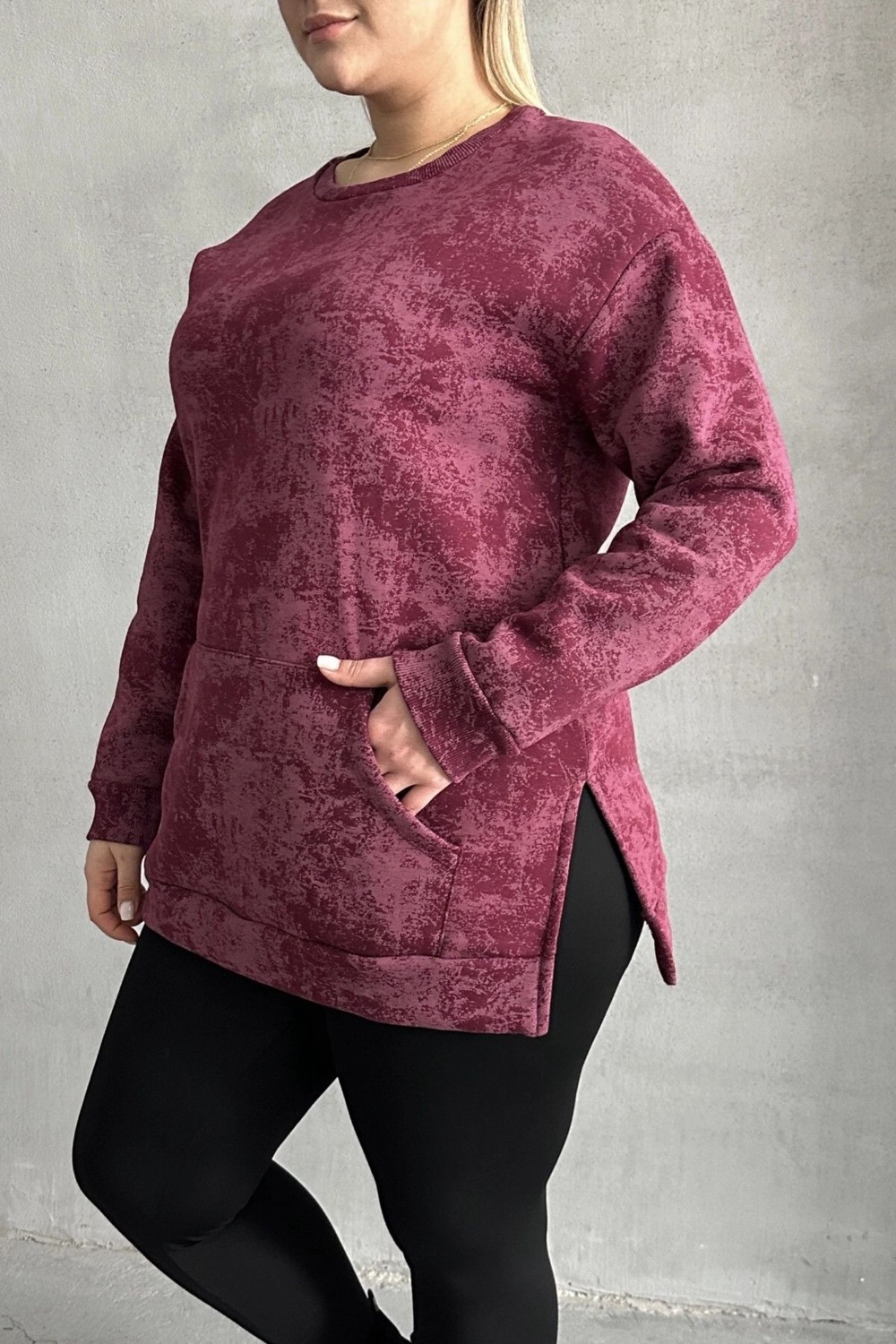 Stil Diva Büyük Beden Uzun Kollu Bisiklet Yaka Önü Cepli Desenli Sweatshirt 106-78 görsel 6