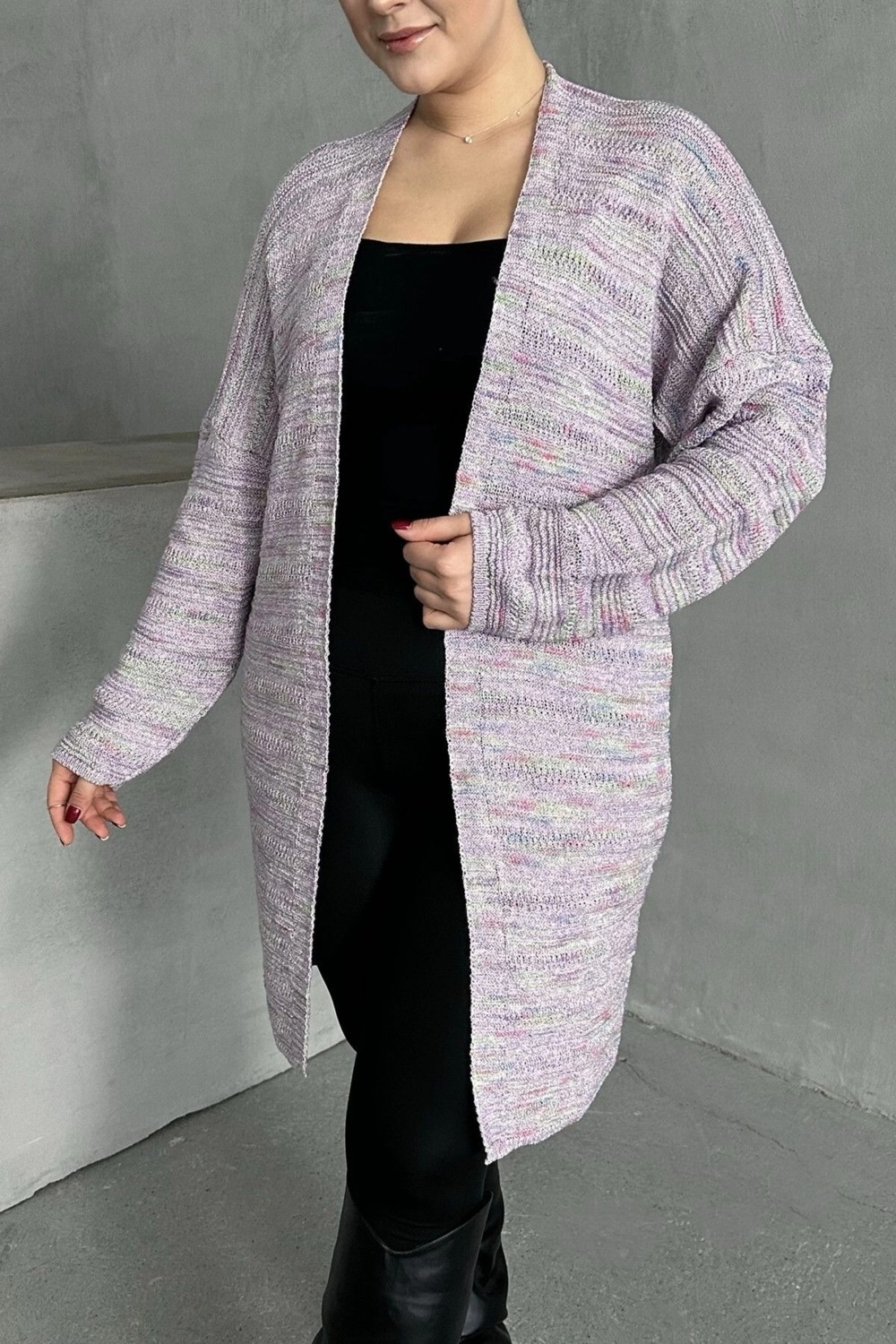 Stil Diva Büyük Beden Uzun Kollu Önü Kapamasız Ince Örme Hırka 302300 görsel 6