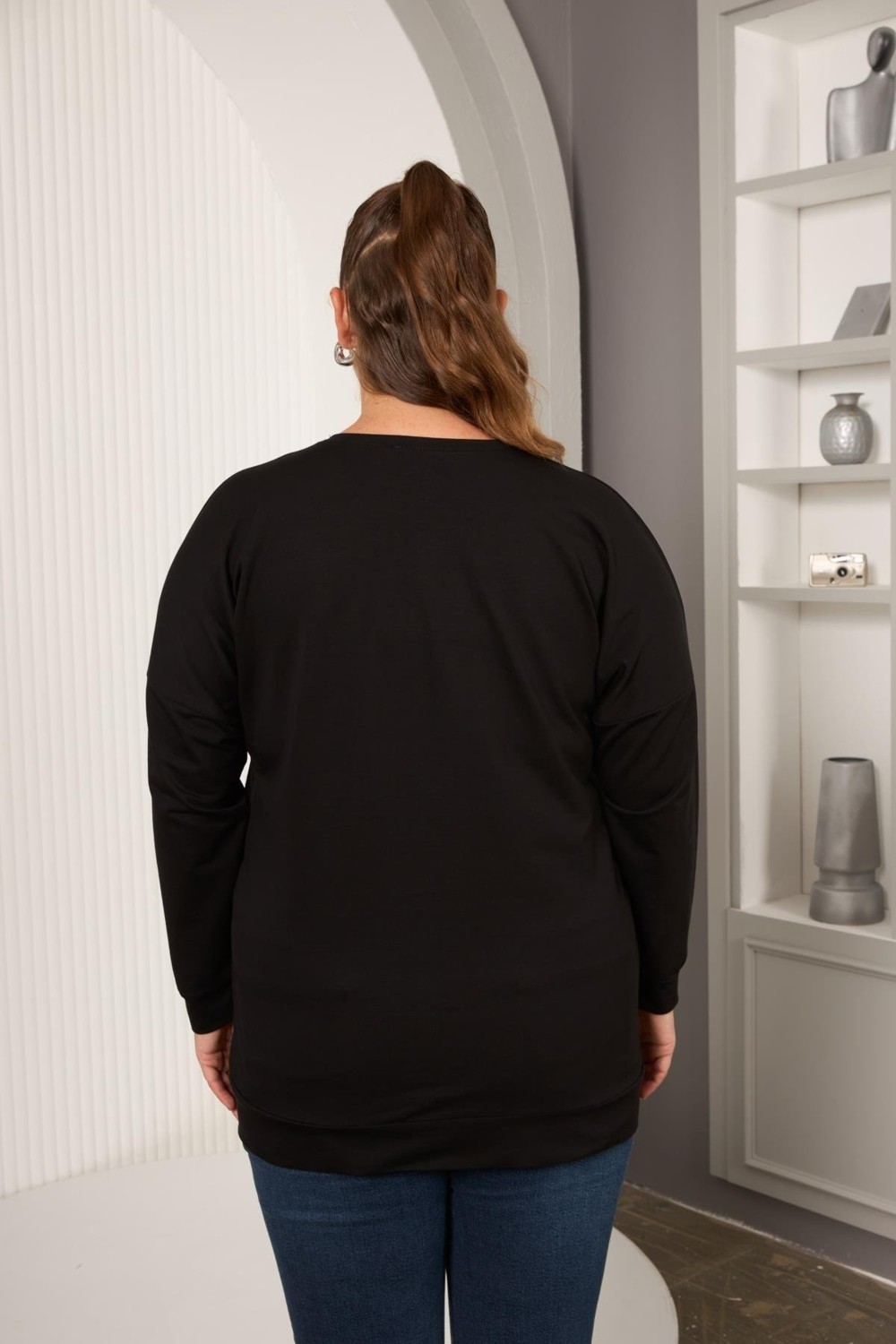 Rmg Taş ve Nakışlı Büyük Beden Sweatshirt Siyah görsel 4