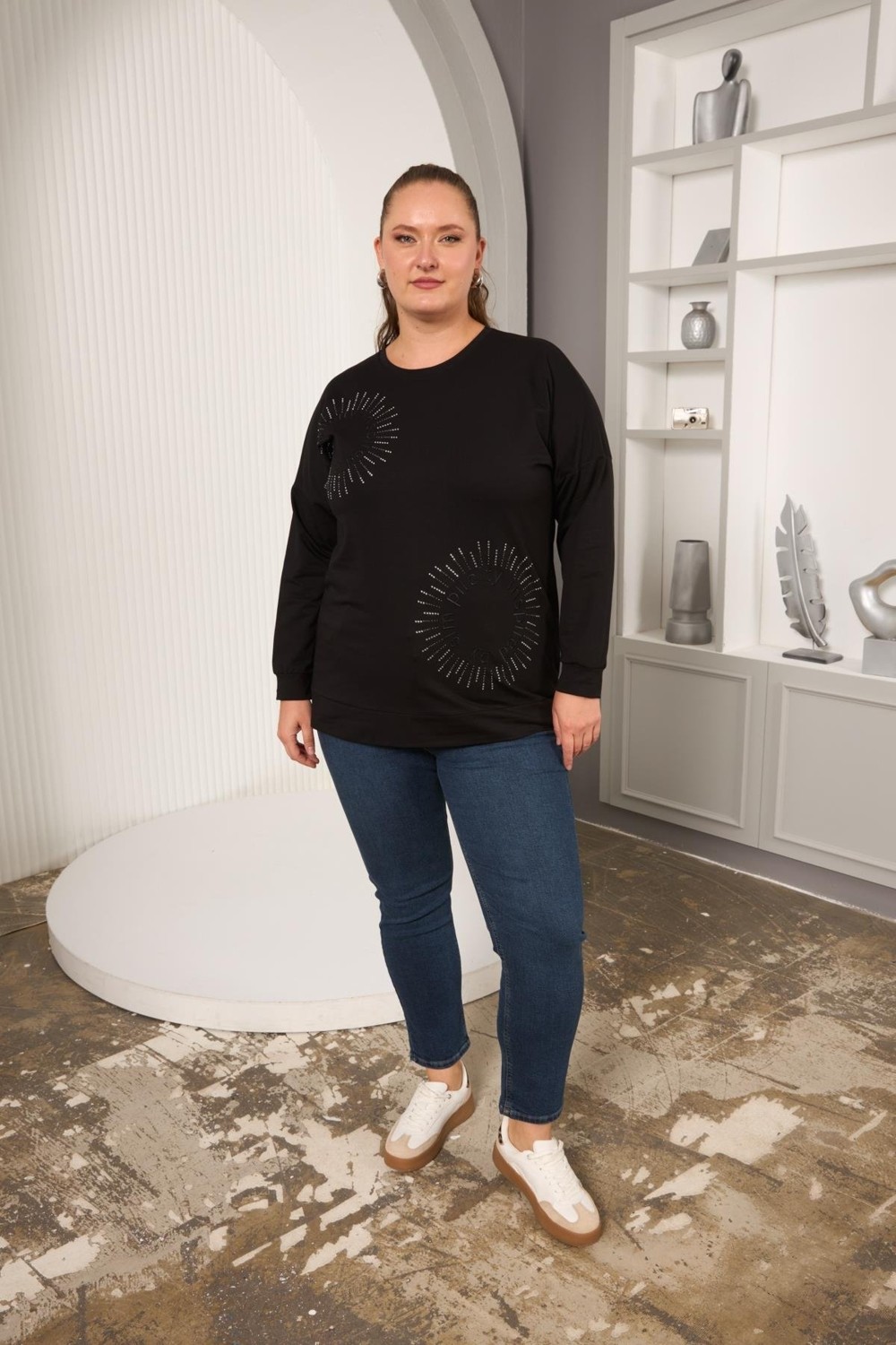 Rmg Taş ve Nakışlı Büyük Beden Sweatshirt Siyah görsel 5