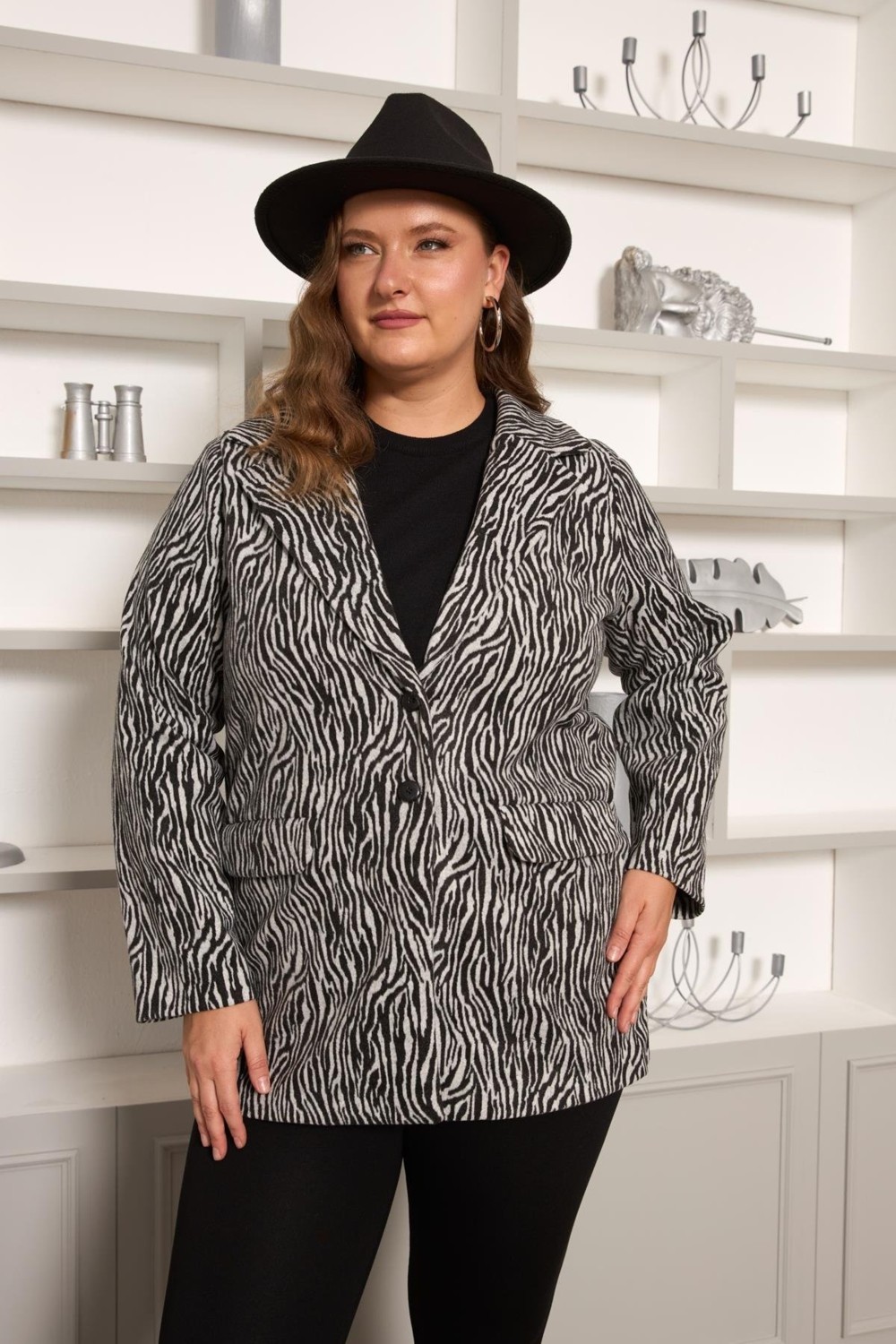 Rmg Zebra Desenli Büyük Beden Ceket Gri