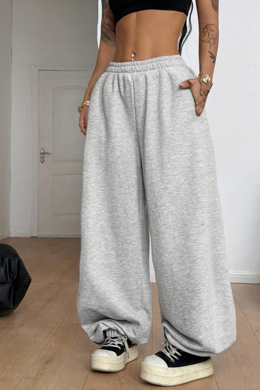BSBSPOR Erkek Kadın Baggy Bol Kesim Eşofman Altı Jogger Paça Siyah Gri Füme Oversize görsel 4