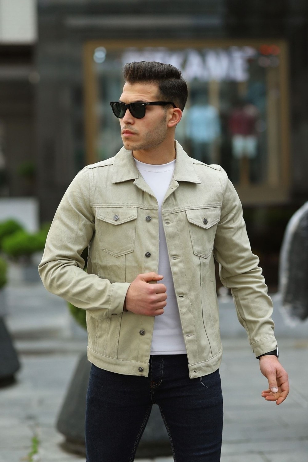 Comstar Erkek Trend Polo Yaka Slim Fit Denim Jeans Krem Kot Ceket