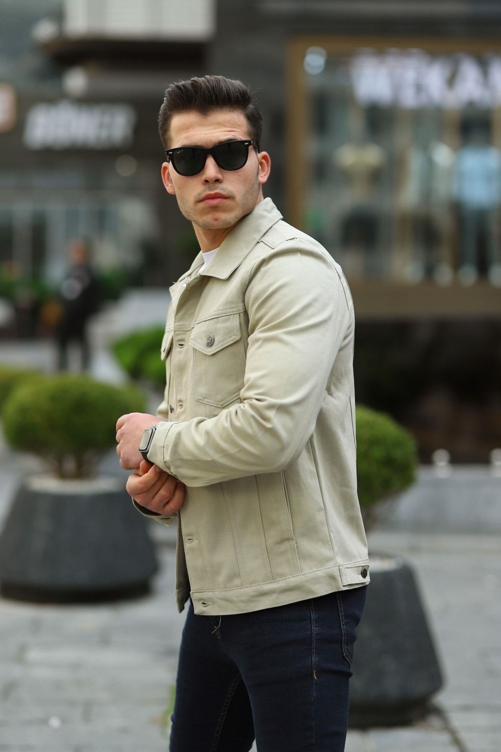 Comstar Erkek Trend Polo Yaka Slim Fit Denim Jeans Krem Kot Ceket görsel 3