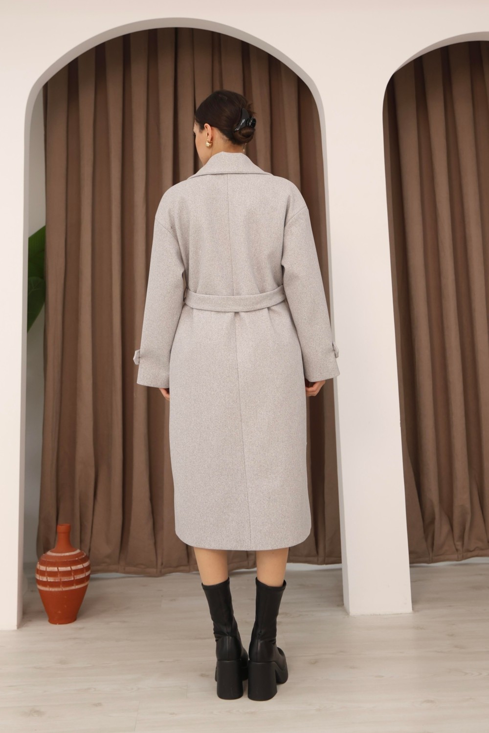 Hazel Kadın Gri Kruvaze Oversize Kuşaklı Uzun Kaşe Kaban görsel 3