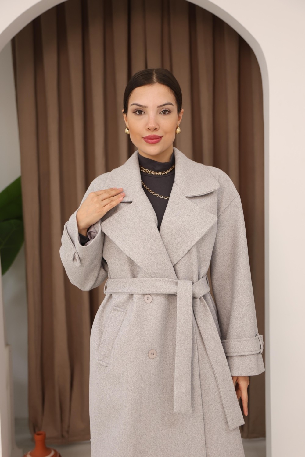 Hazel Kadın Gri Kruvaze Oversize Kuşaklı Uzun Kaşe Kaban görsel 4