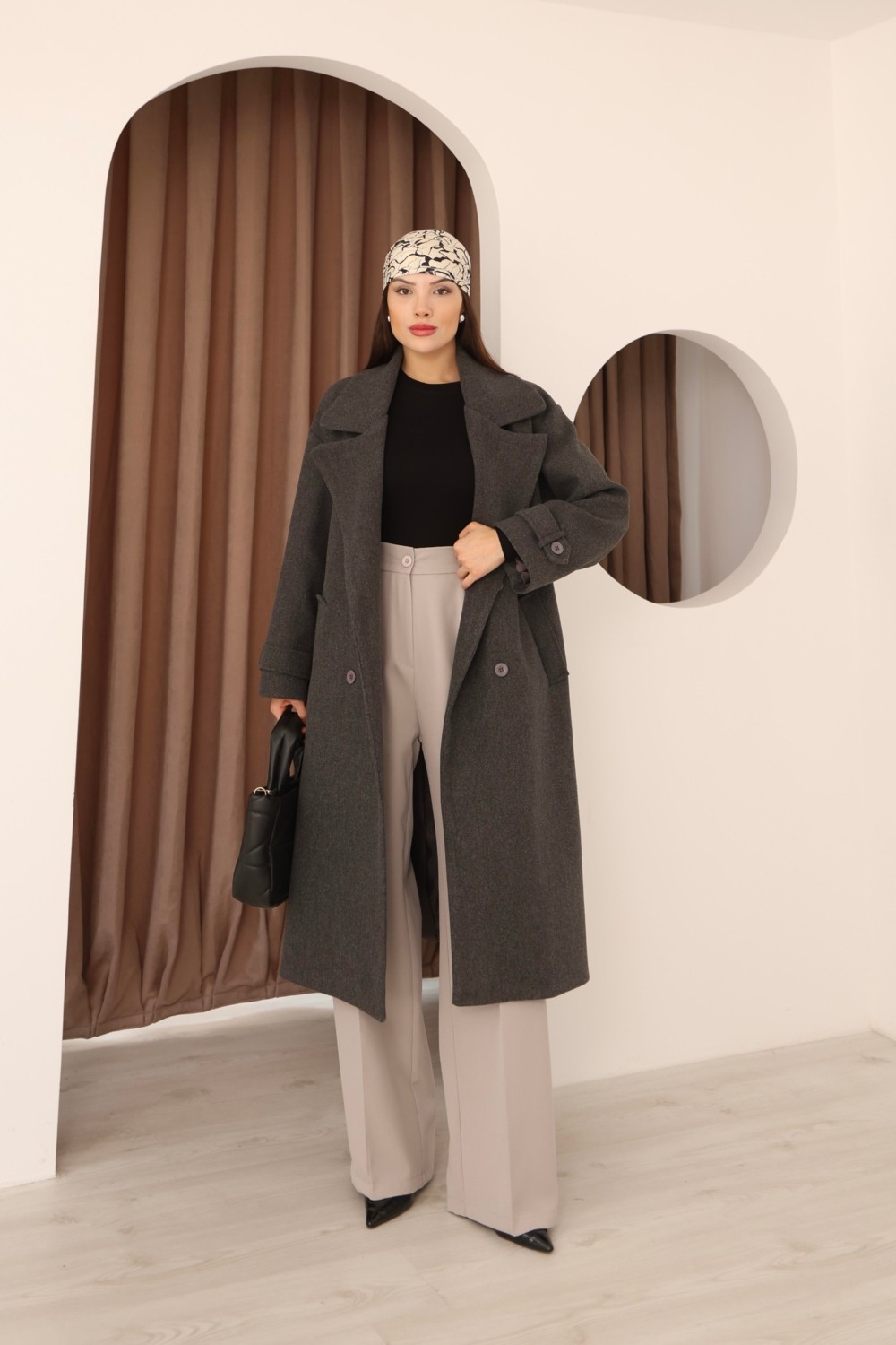 Hazel Kadın Gri Kruvaze Oversize Kuşaklı Uzun Kaşe Kaban görsel 6