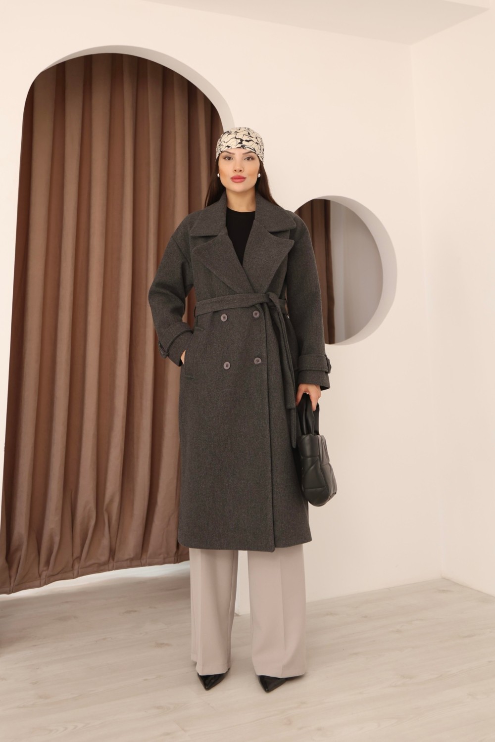 Hazel Kadın Gri Kruvaze Oversize Kuşaklı Uzun Kaşe Kaban görsel 7