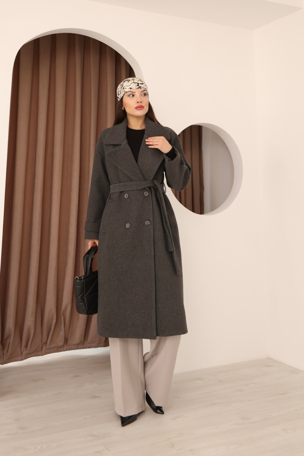 Hazel Kadın Gri Kruvaze Oversize Kuşaklı Uzun Kaşe Kaban görsel 8