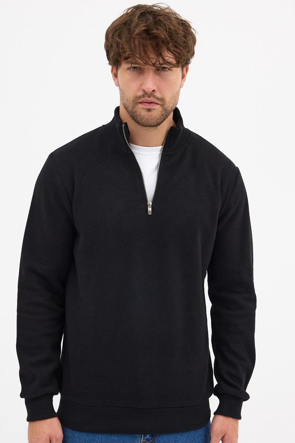 Mmetalic Erkek Gri Standart Fit Normal Kesim Pamuklu Yarım Fermuarlı Dik Yaka Pamuklu Sweatshirt