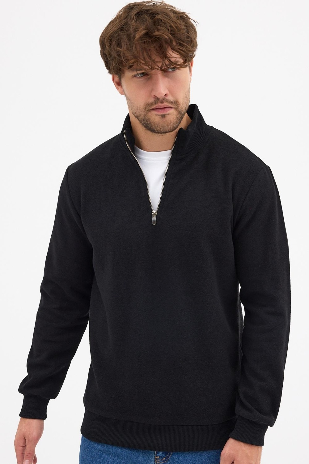 Mmetalic Erkek Gri Standart Fit Normal Kesim Pamuklu Yarım Fermuarlı Dik Yaka Pamuklu Sweatshirt görsel 2