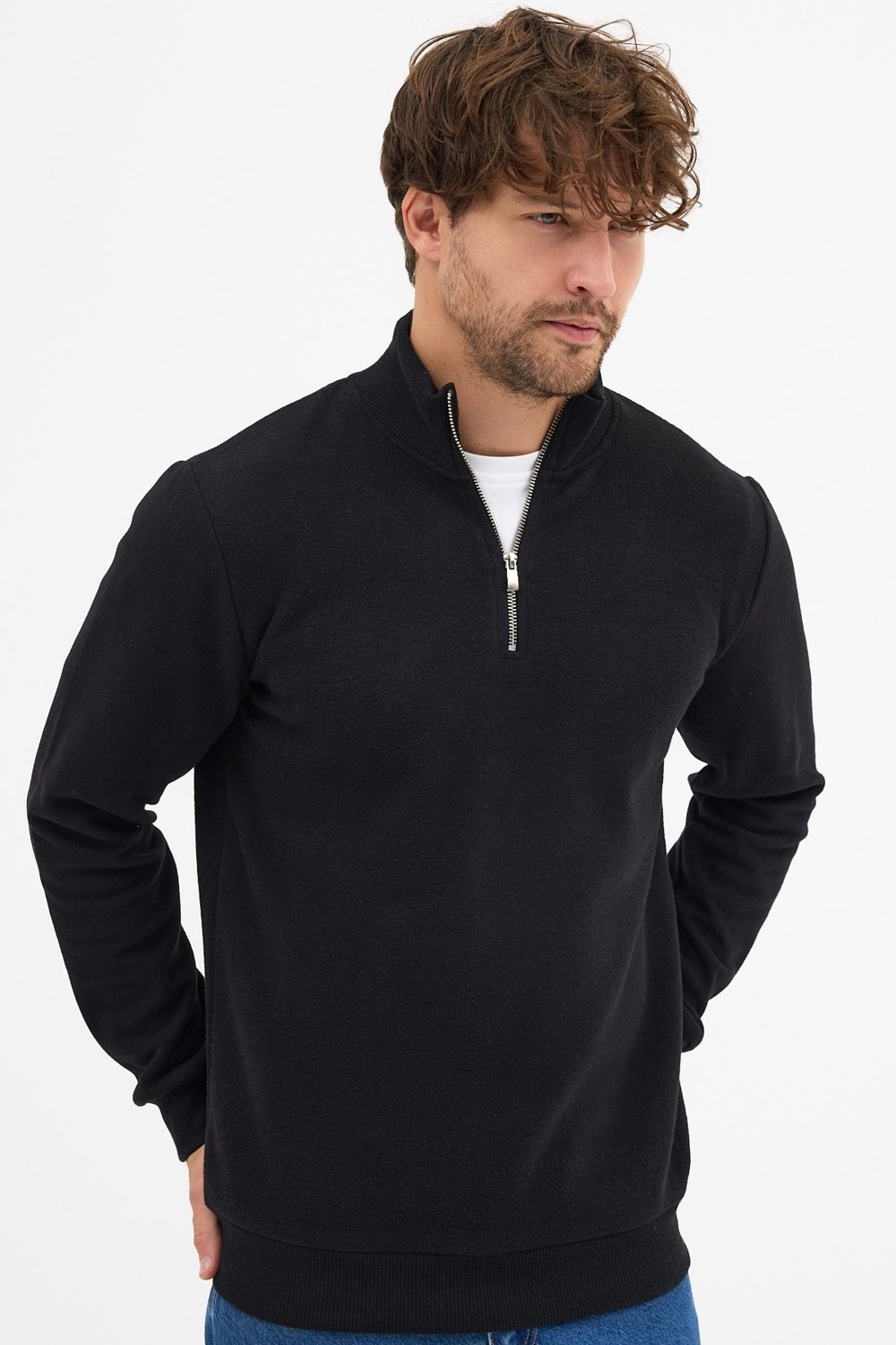 Mmetalic Erkek Gri Standart Fit Normal Kesim Pamuklu Yarım Fermuarlı Dik Yaka Pamuklu Sweatshirt görsel 3