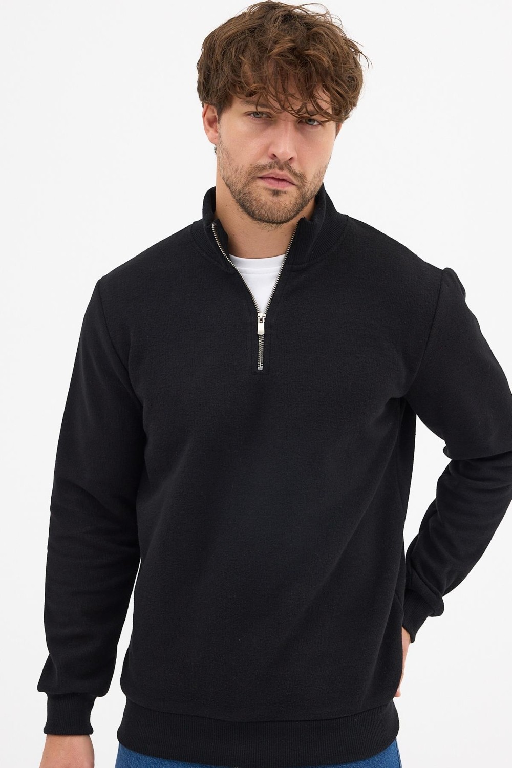 Mmetalic Erkek Gri Standart Fit Normal Kesim Pamuklu Yarım Fermuarlı Dik Yaka Pamuklu Sweatshirt görsel 4