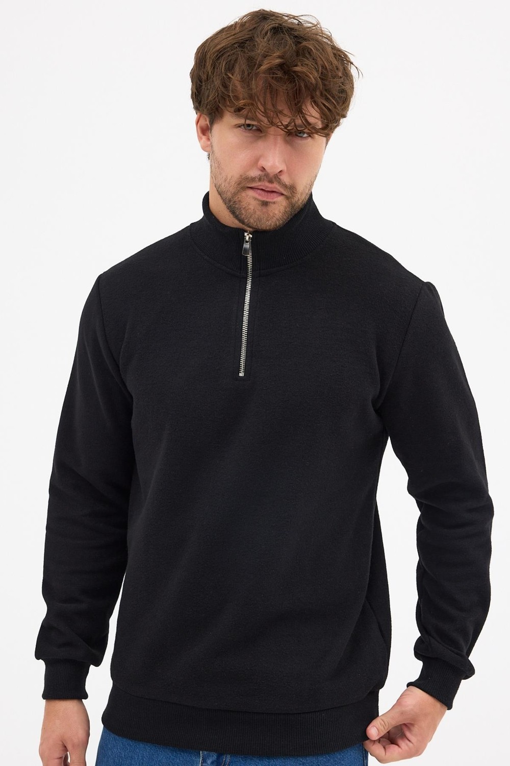Mmetalic Erkek Gri Standart Fit Normal Kesim Pamuklu Yarım Fermuarlı Dik Yaka Pamuklu Sweatshirt görsel 5