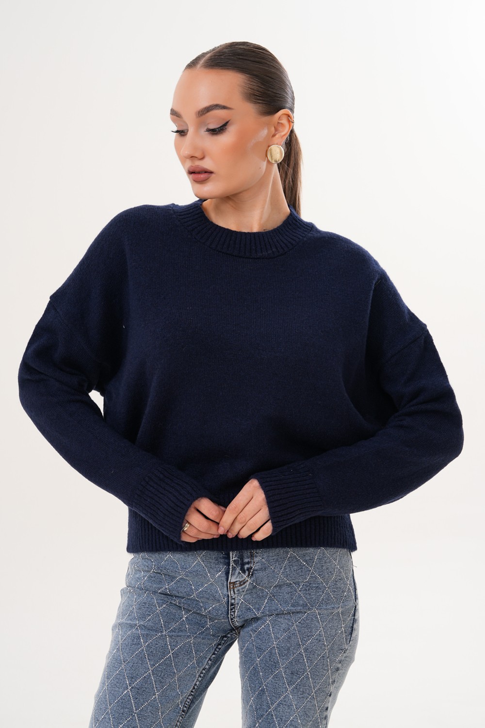 Cebby Oversize Bisiklet Yaka Lacivert Kazak