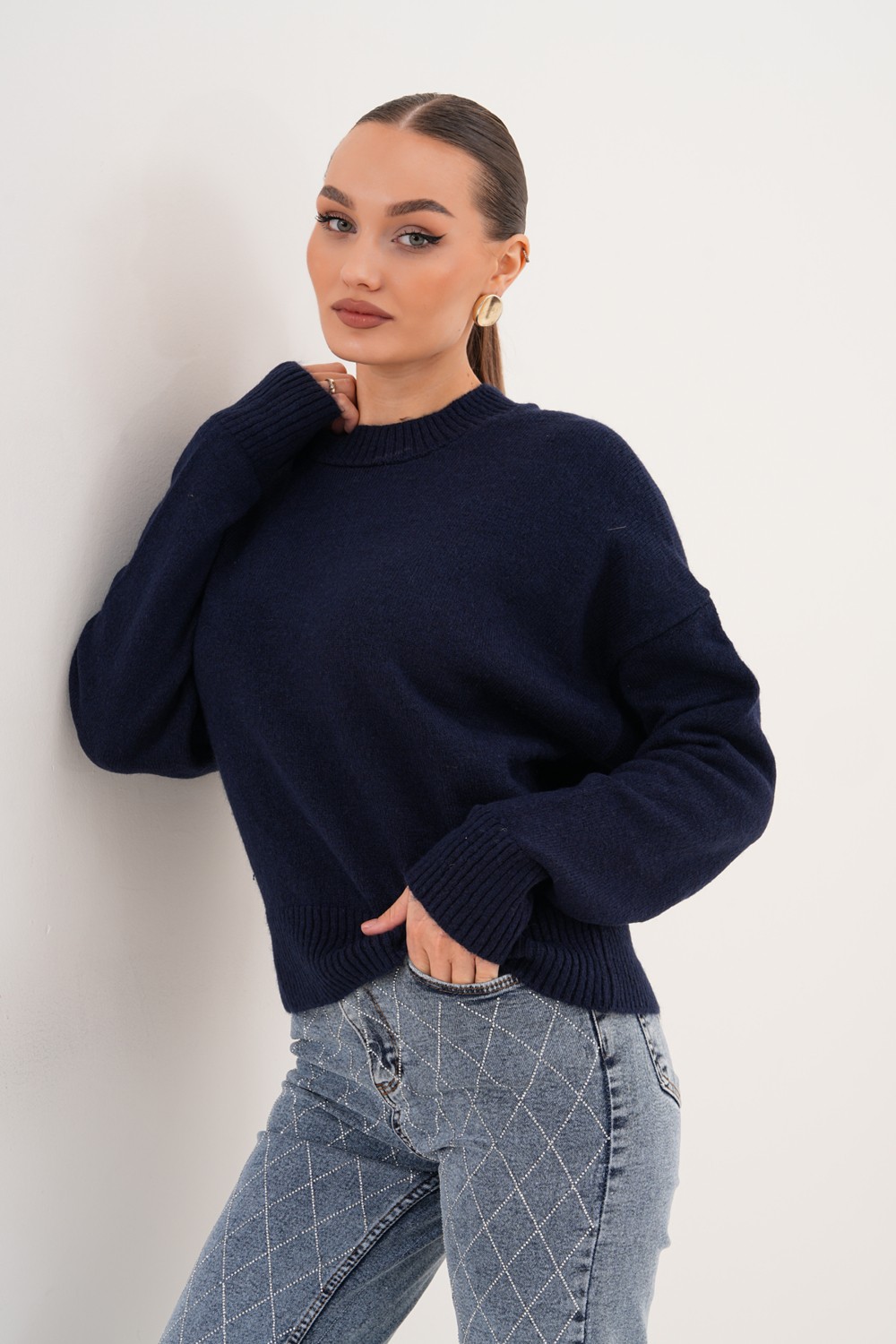 Cebby Oversize Bisiklet Yaka Lacivert Kazak görsel 2