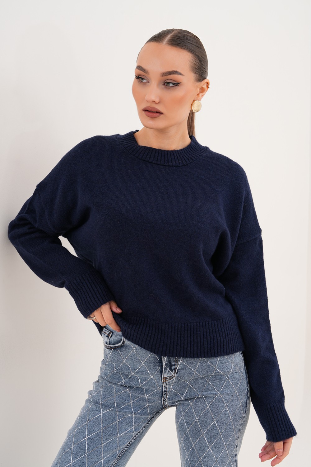 Cebby Oversize Bisiklet Yaka Lacivert Kazak görsel 3