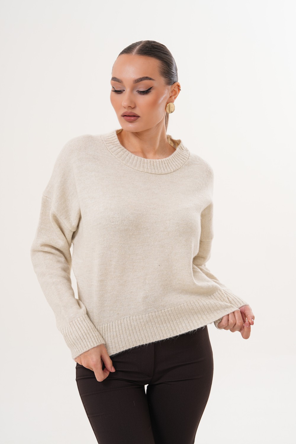 Cebby Oversize Bisiklet Yaka Krem Kazak