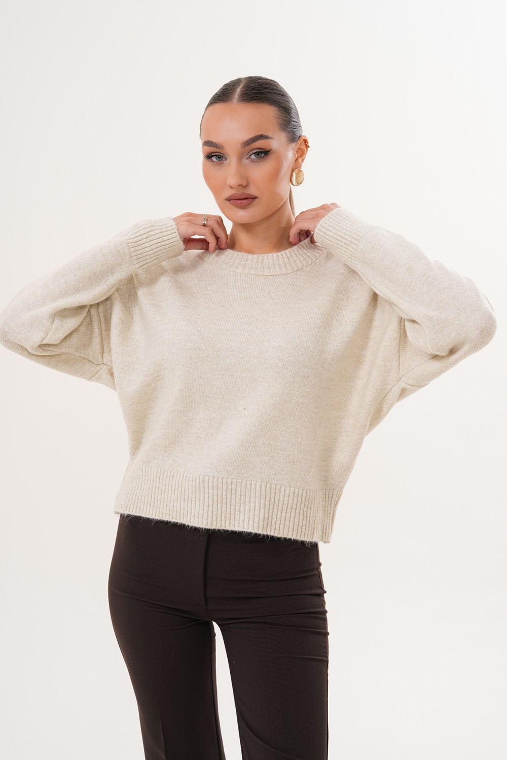 Cebby Oversize Bisiklet Yaka Krem Kazak görsel 3