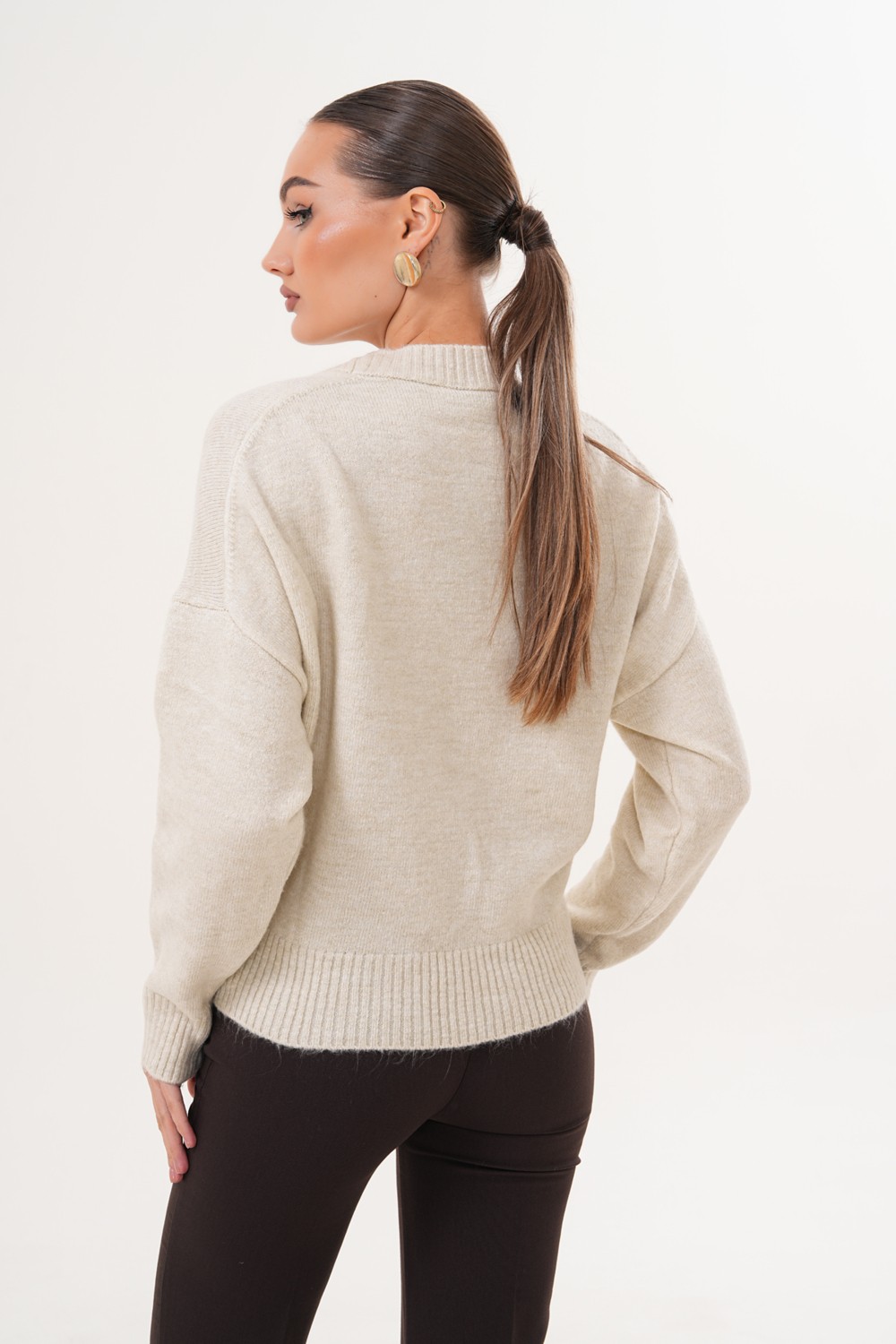 Cebby Oversize Bisiklet Yaka Krem Kazak görsel 4