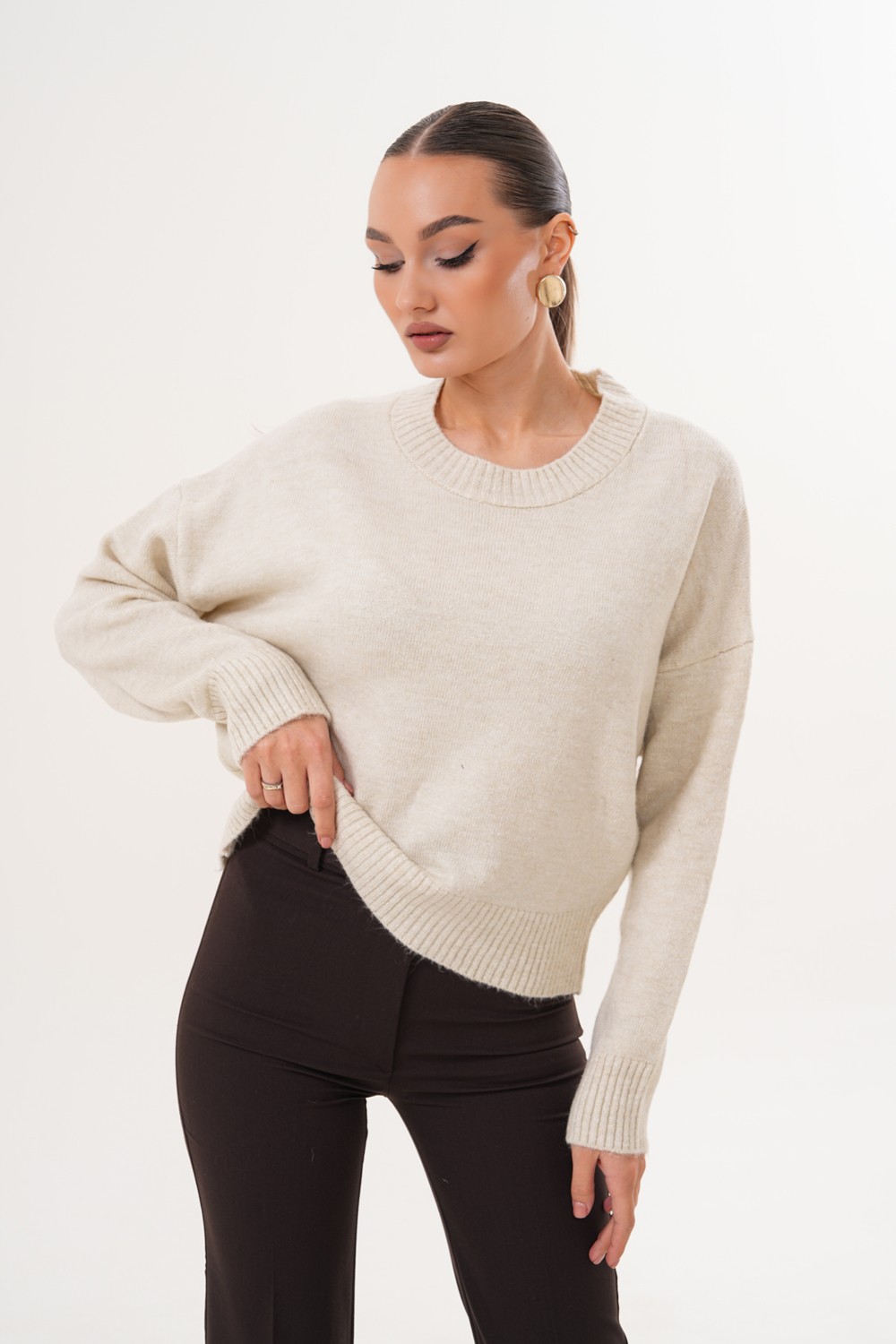 Cebby Oversize Bisiklet Yaka Krem Kazak görsel 5