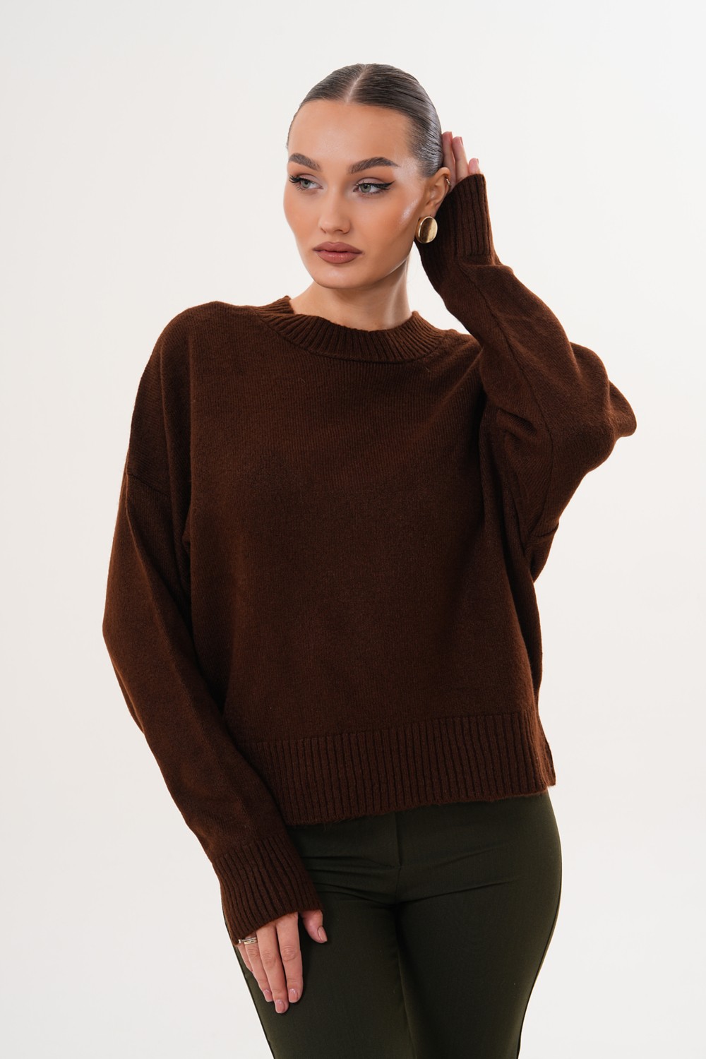 Cebby Oversize Bisiklet Yaka Kahverengi Kazak