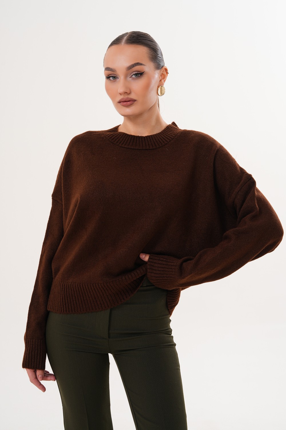 Cebby Oversize Bisiklet Yaka Kahverengi Kazak görsel 2