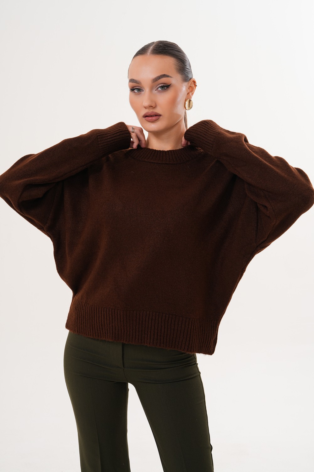 Cebby Oversize Bisiklet Yaka Kahverengi Kazak görsel 3