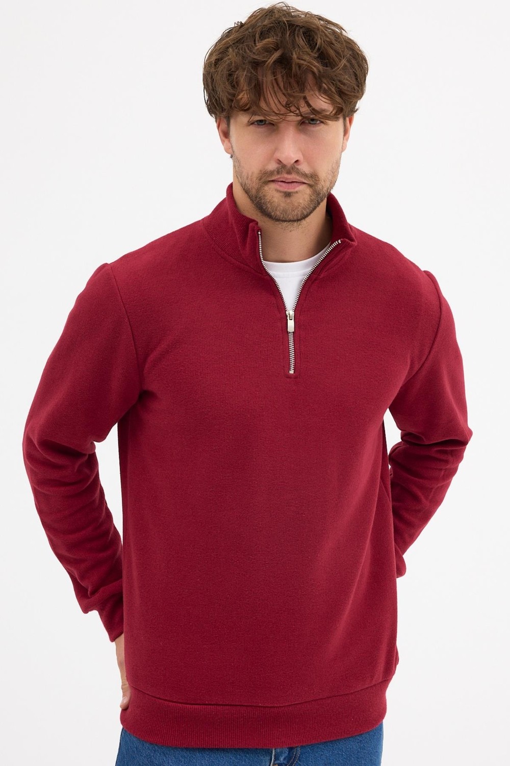 Mmetalic Erkek Gri Standart Fit Normal Kesim Pamuklu Yarım Fermuarlı Dik Yaka Pamuklu Sweatshirt