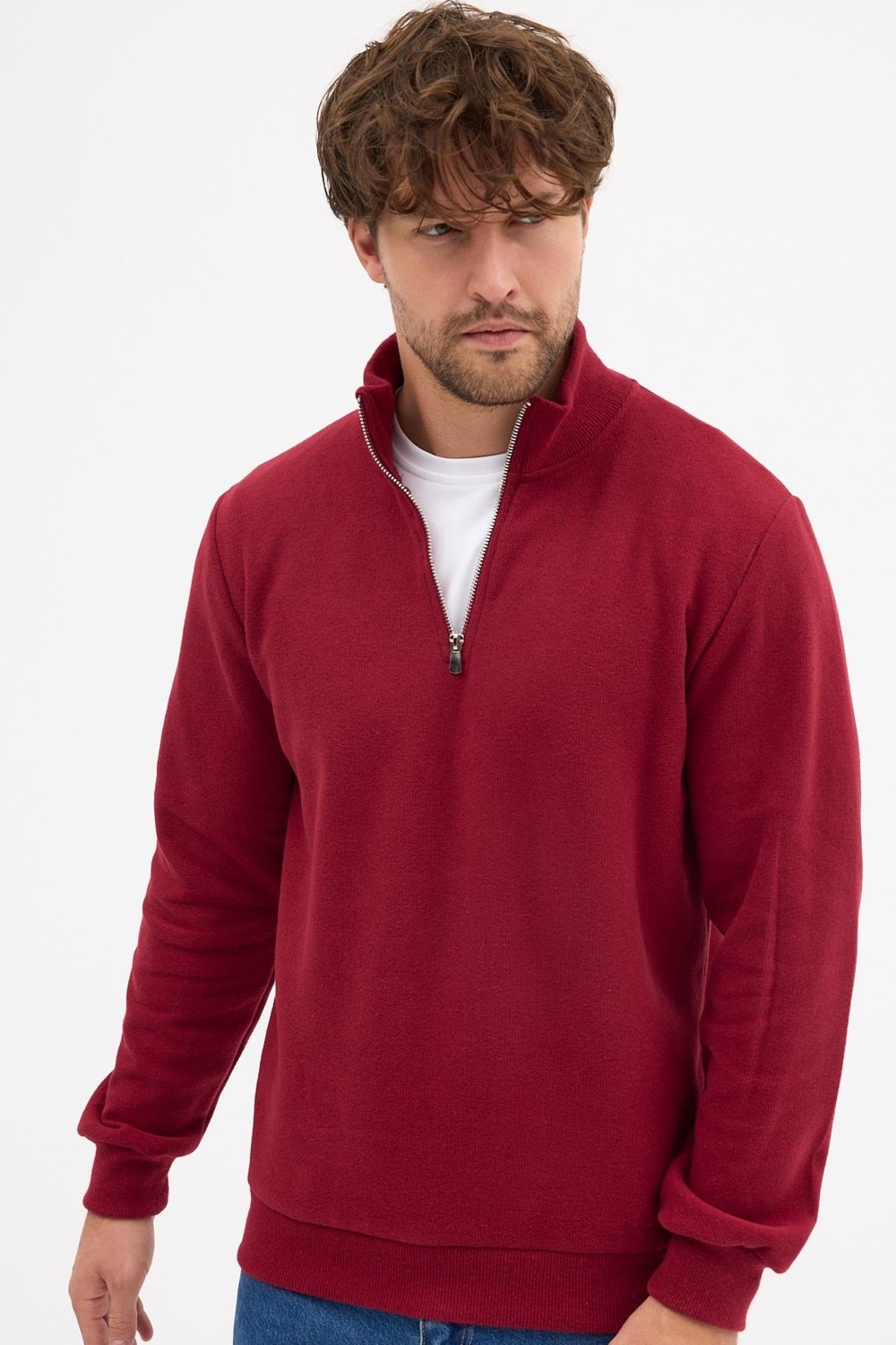 Mmetalic Erkek Gri Standart Fit Normal Kesim Pamuklu Yarım Fermuarlı Dik Yaka Pamuklu Sweatshirt görsel 7