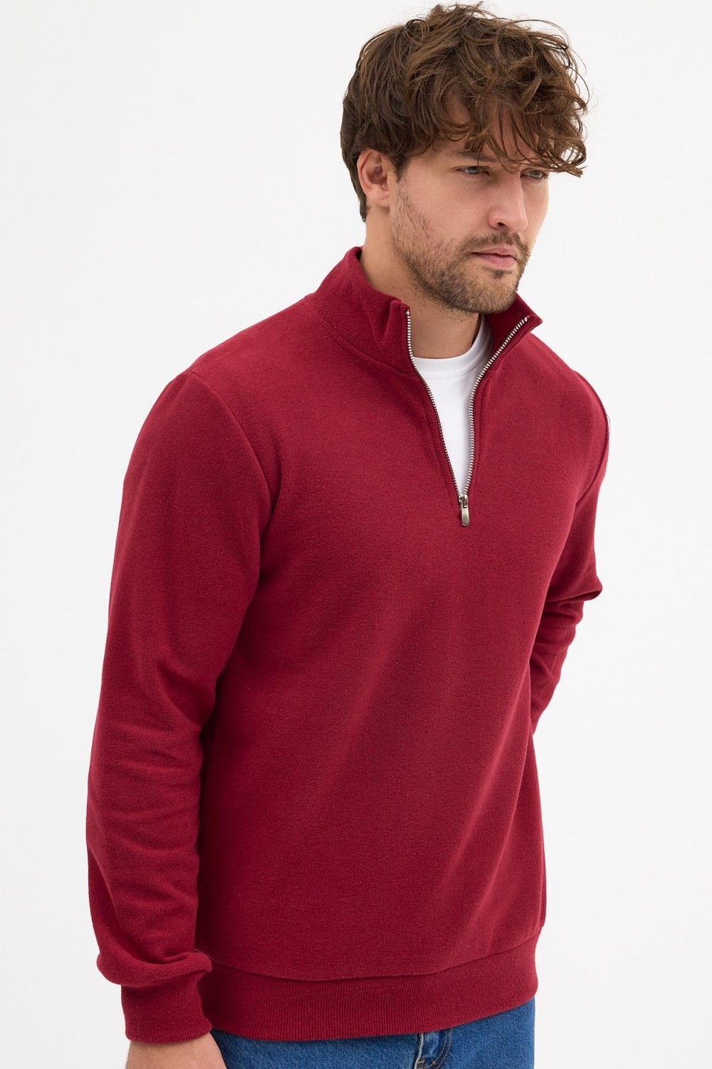 Mmetalic Erkek Gri Standart Fit Normal Kesim Pamuklu Yarım Fermuarlı Dik Yaka Pamuklu Sweatshirt görsel 8