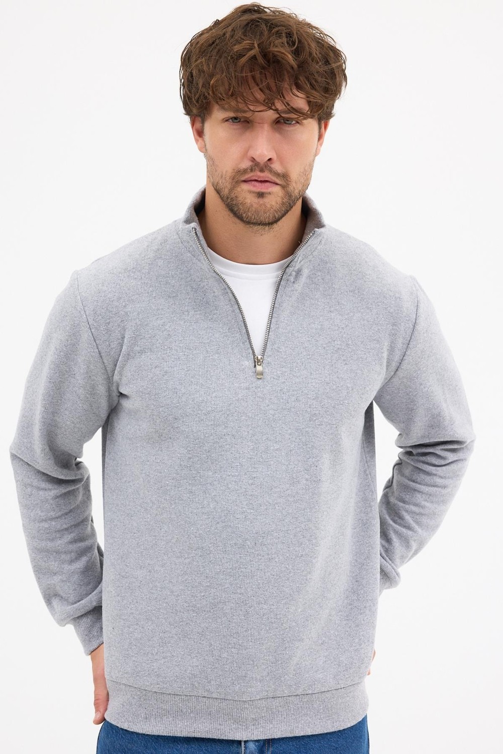 Mmetalic Erkek Gri Standart Fit Normal Kesim Pamuklu Yarım Fermuarlı Dik Yaka Pamuklu Sweatshirt