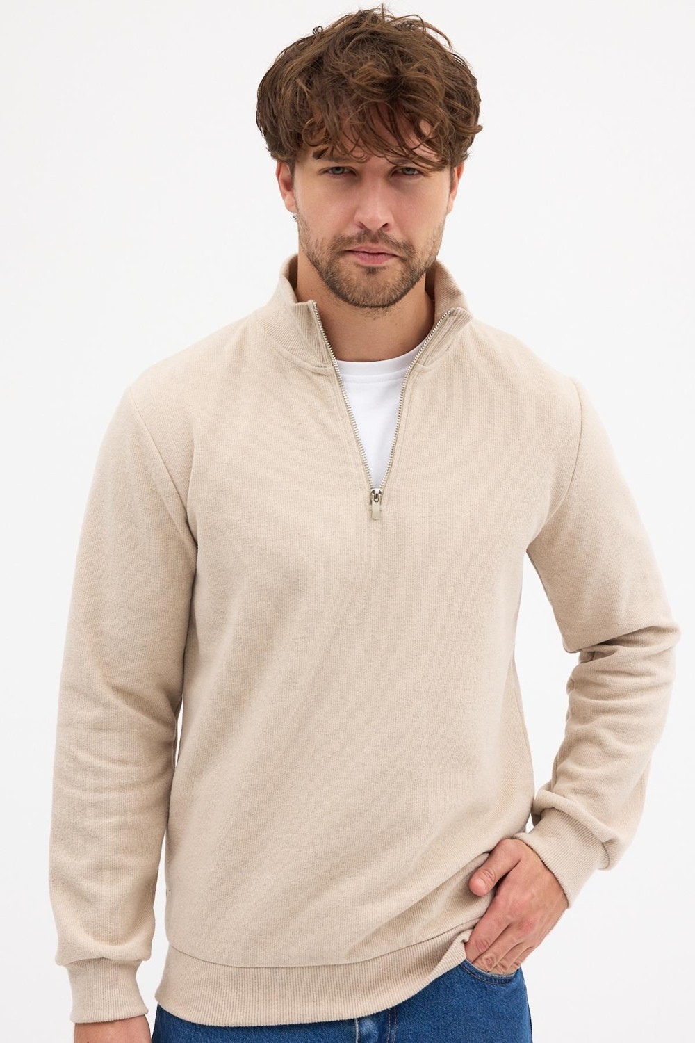 Mmetalic Erkek Gri Standart Fit Normal Kesim Pamuklu Yarım Fermuarlı Dik Yaka Pamuklu Sweatshirt