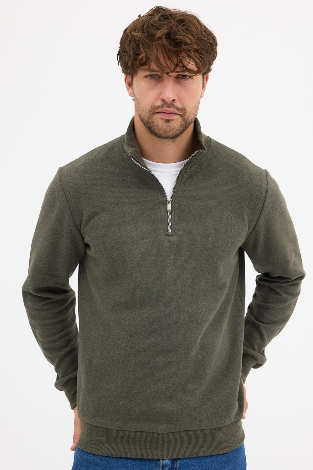 Mmetalic Erkek Gri Standart Fit Normal Kesim Pamuklu Yarım Fermuarlı Dik Yaka Pamuklu Sweatshirt