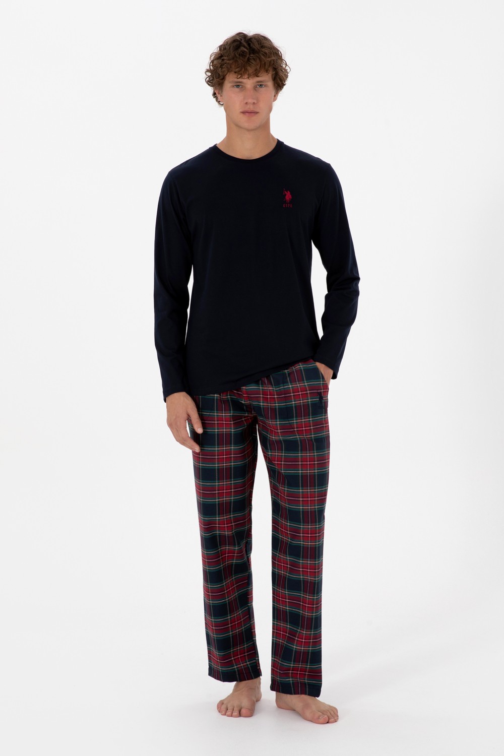 U.S. Polo Assn. Erkek Kırmızı Ekoseli Lacivert Pijama Takımı 50318615-VR033