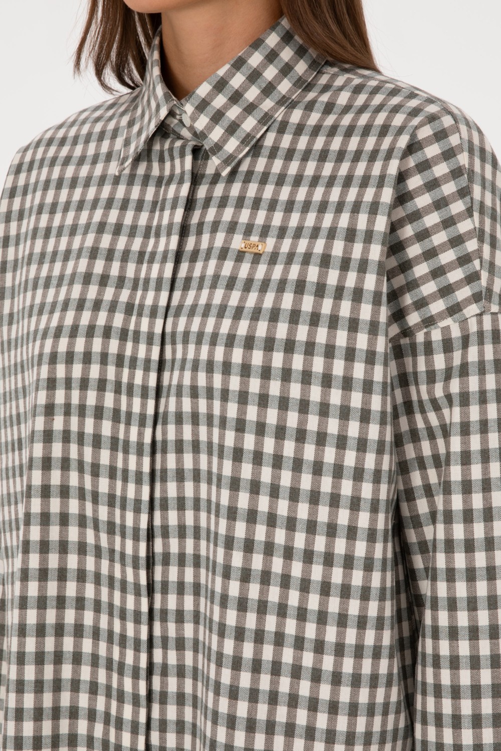 U.S. Polo Assn. Kadın Koyu Yeşil Uzun Kollu Gömlek 50316679-VR079 görsel 7