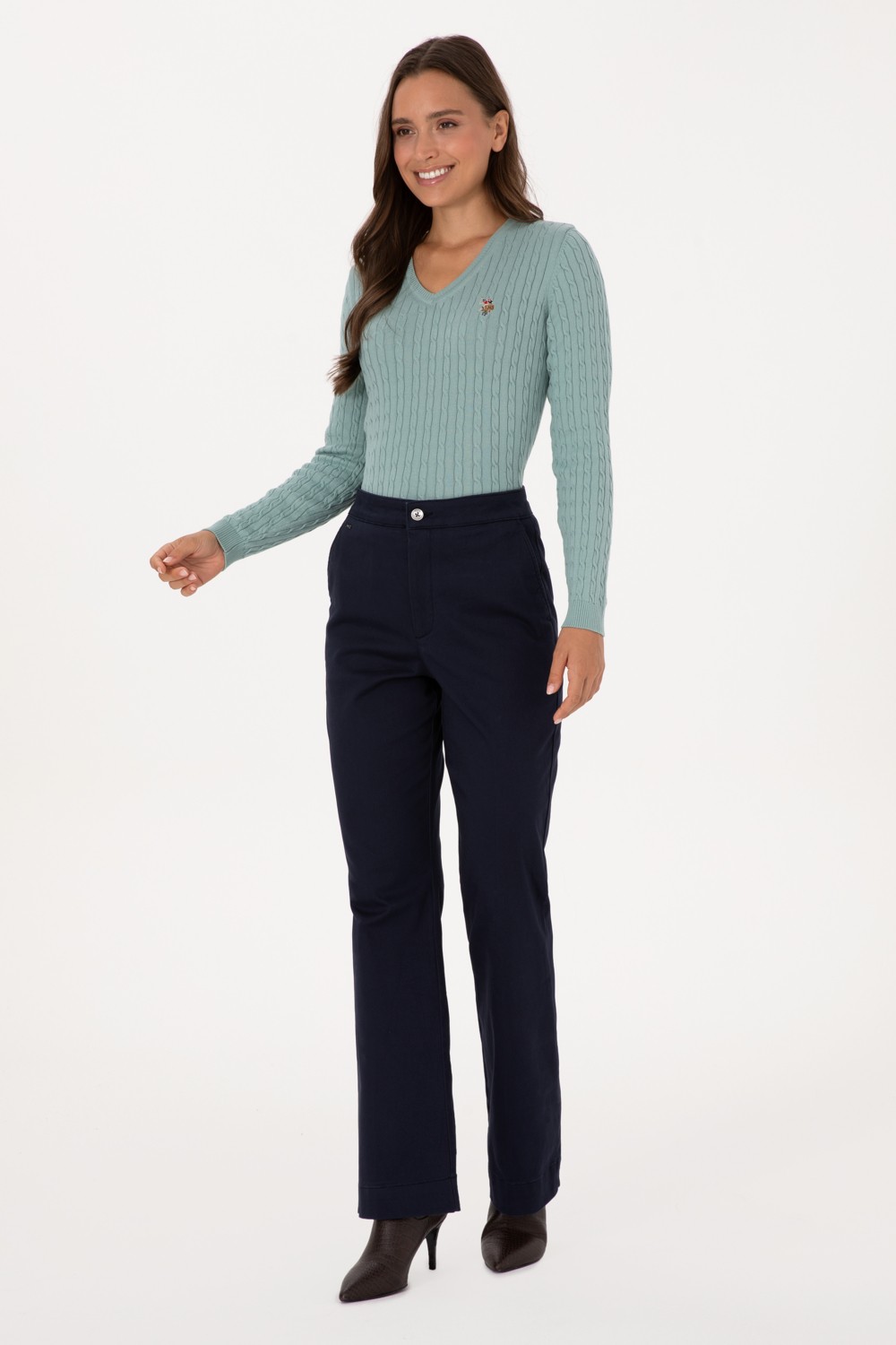 U.S. Polo Assn. Kadın Lacivert Slim Flare Fit Kanvas Pantolon 50316912-VR033 görsel 3