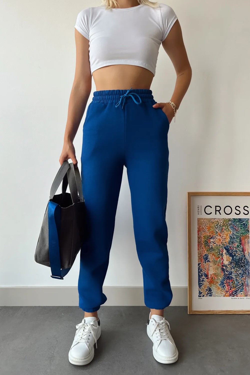 Schlank Kadın Beyaz Kışlık Kalın Içi Polarlı Yüksek Bel Paçası Lastikli Basic Jogger Eşofman Altı