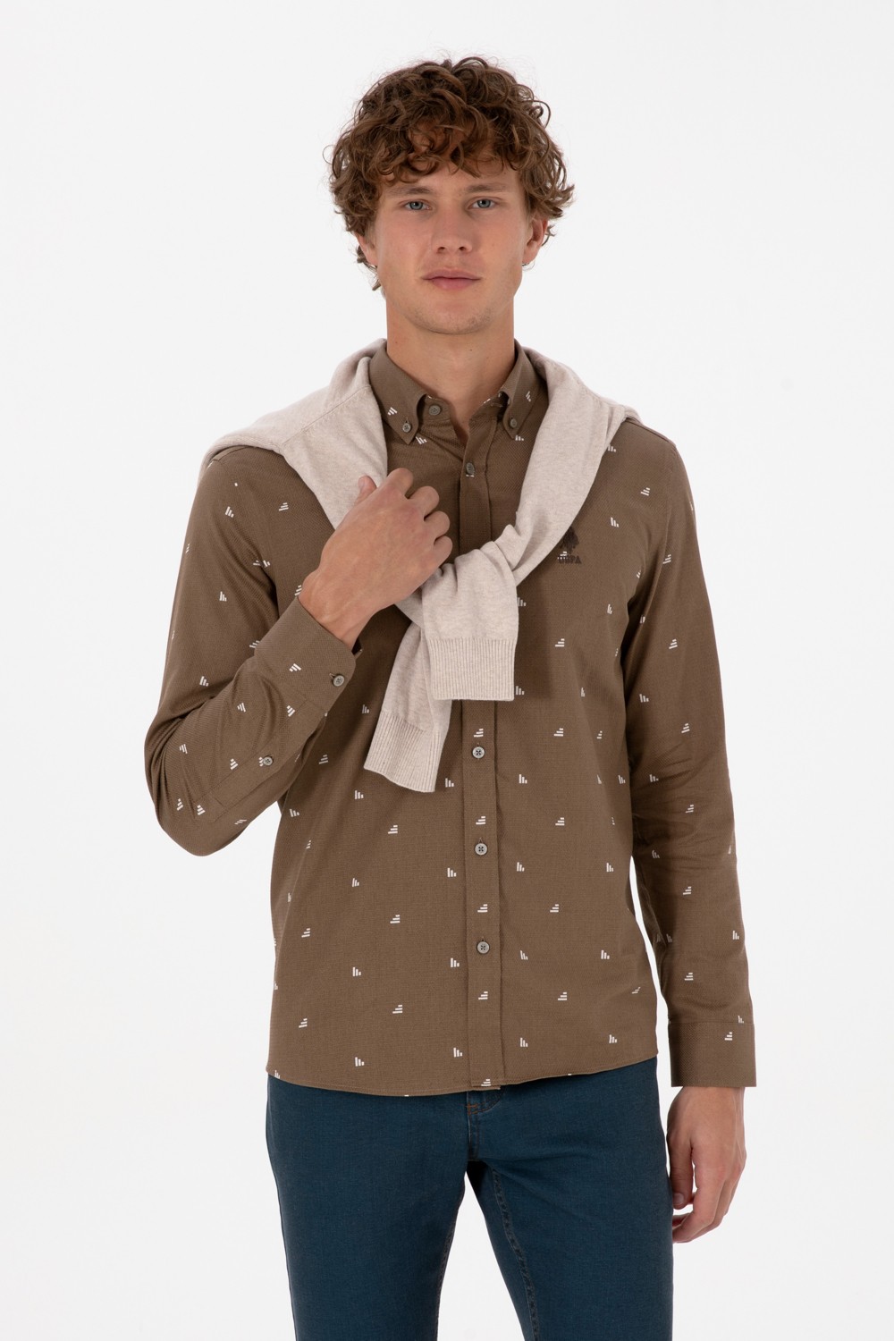 U.S. Polo Assn. Erkek Beyaz Uzun Kollu Desenli Gömlek 50316561-VR013 görsel 8