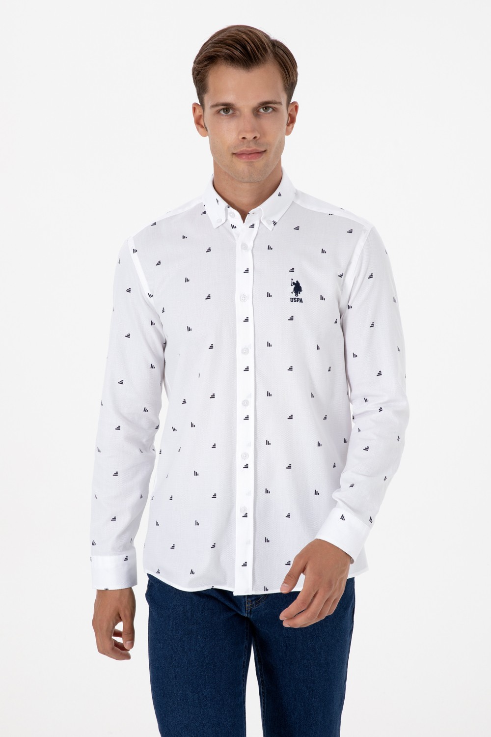 U.S. Polo Assn. Erkek Beyaz Uzun Kollu Desenli Gömlek 50316561-VR013