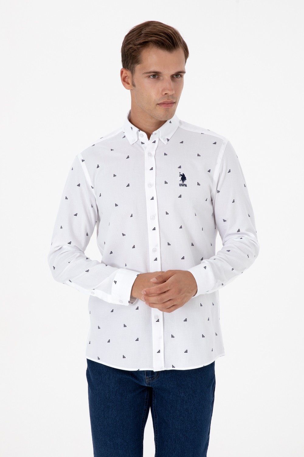 U.S. Polo Assn. Erkek Beyaz Uzun Kollu Desenli Gömlek 50316561-VR013 görsel 3