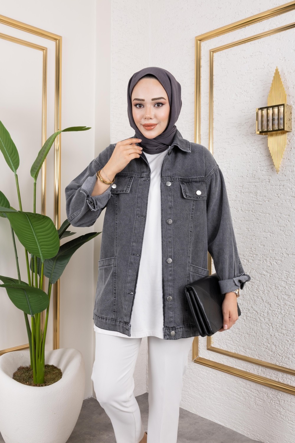 Harman Butik Kadın Cep Detaylı Denim Siyah Kot Ceket